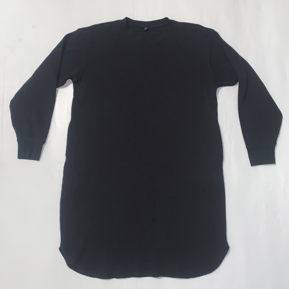Uniqlo Waffle Knit Tunic Large Black Long Sleeve Crew Neck Relaxed Thermal Dress